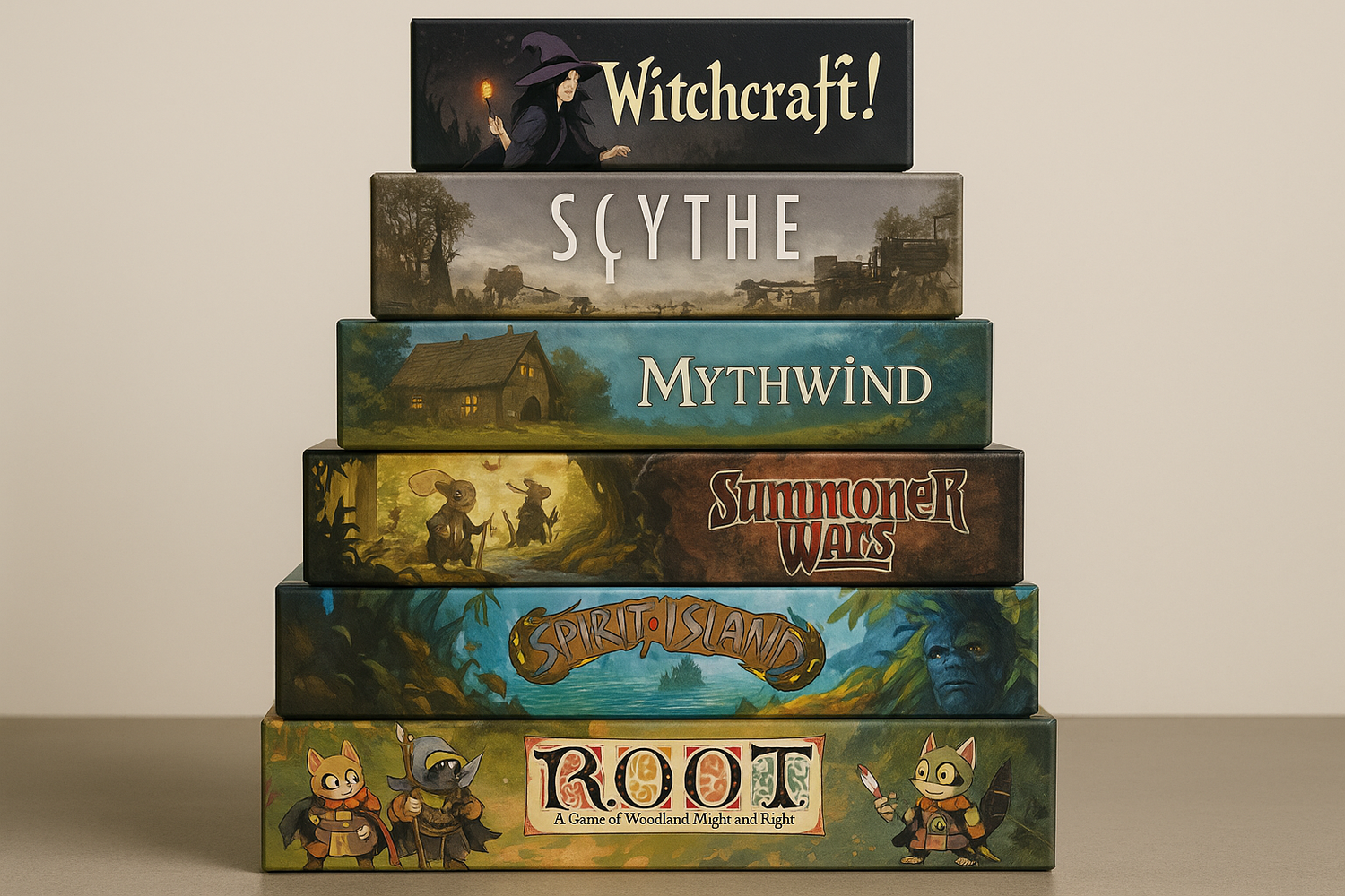 a stack of boardgames including Root, Spirit Island, Summoner Wars, Everdell, Mythwind, Scythe, Witchcraft!